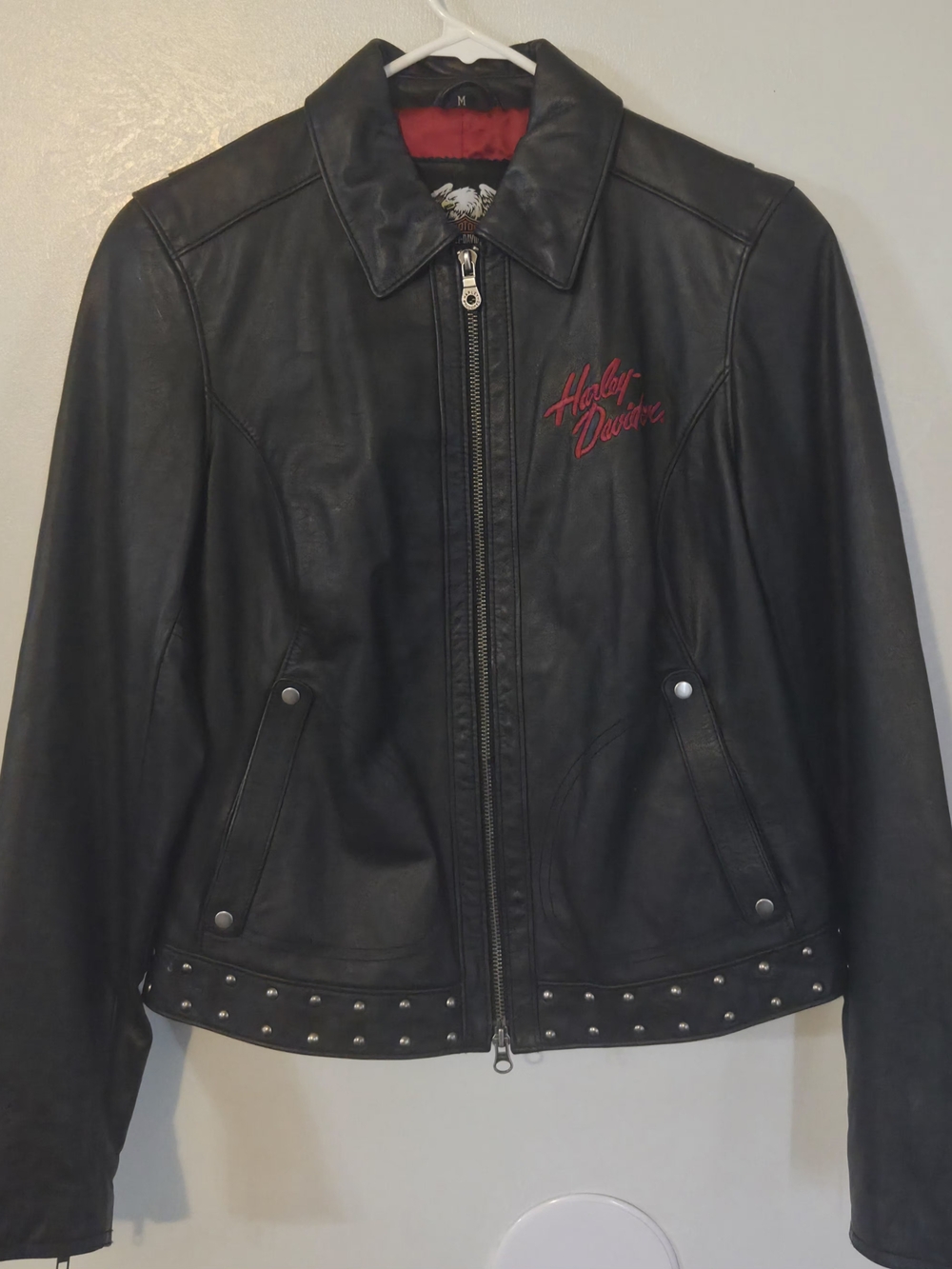 Harley-Davidson Black Leather Jacket with Red Script and Studded Hemline